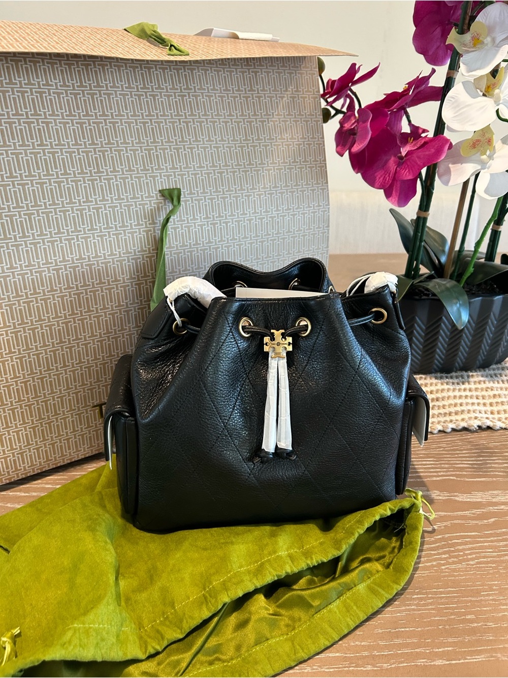 Tory Burch Black Leather Mini Drawstring Bag with White Tassel